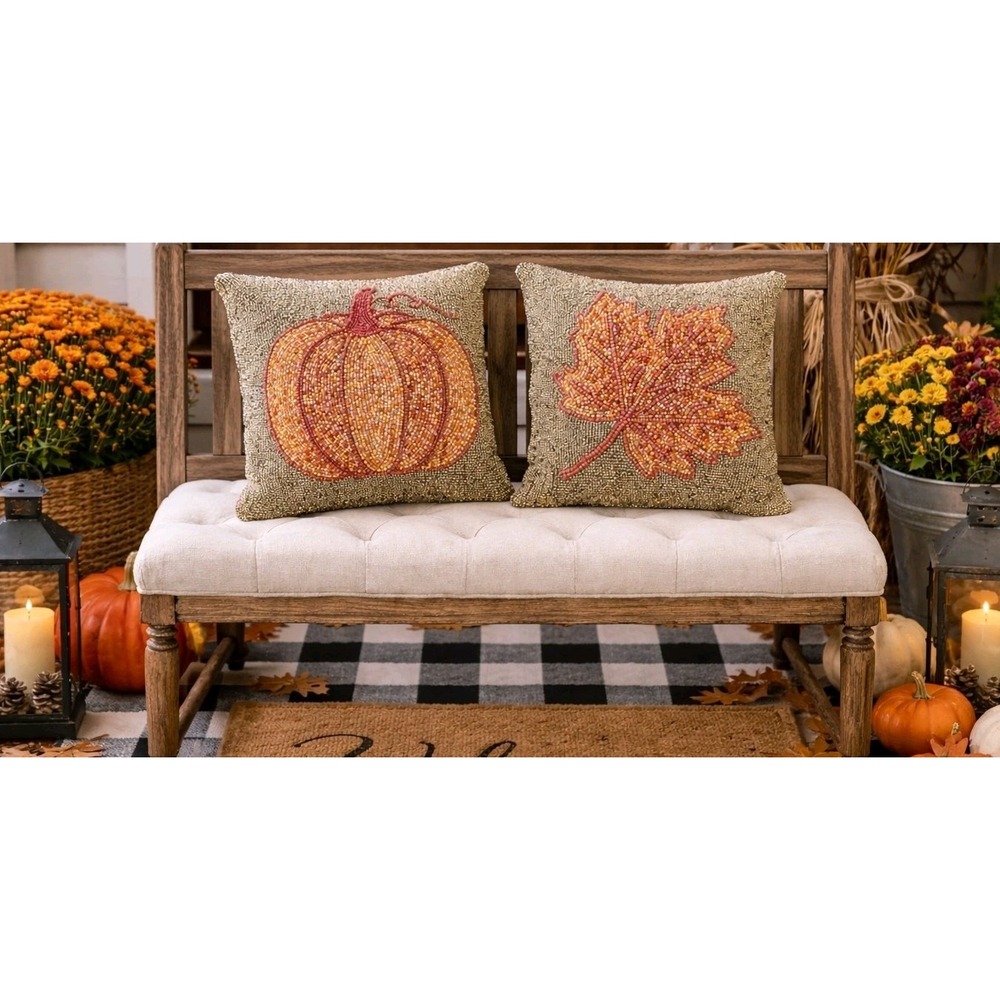 Lot 2 Autumn Hill Beaded Fall Throw Pillows Pumpkin & Maple Leaf Harvest Decor